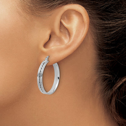 Sterling Silver Ss Rh Plated Polished And D/C 31X5mm Round Hoop Earrings