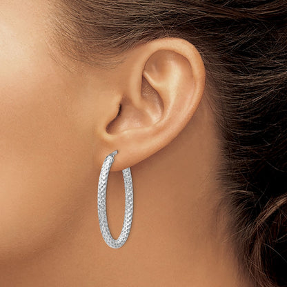 Sterling Silver Polished & Textured Oval Hinged Hoop Earrings