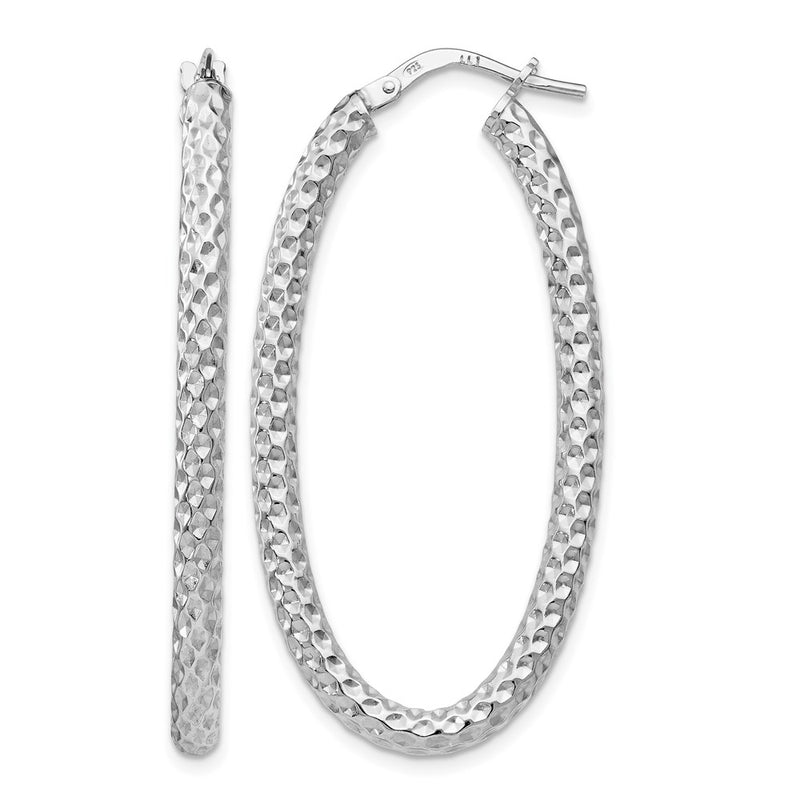 Sterling Silver Rh Plt Polish/Textured Oval Hinged Hoop Earrings