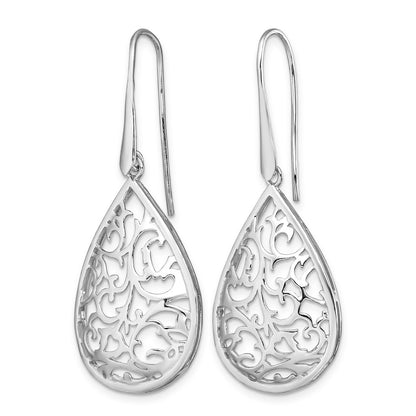 Sterling Silver Rhod-Pltd Polished Cut-Out Teardrop Dangle Earring