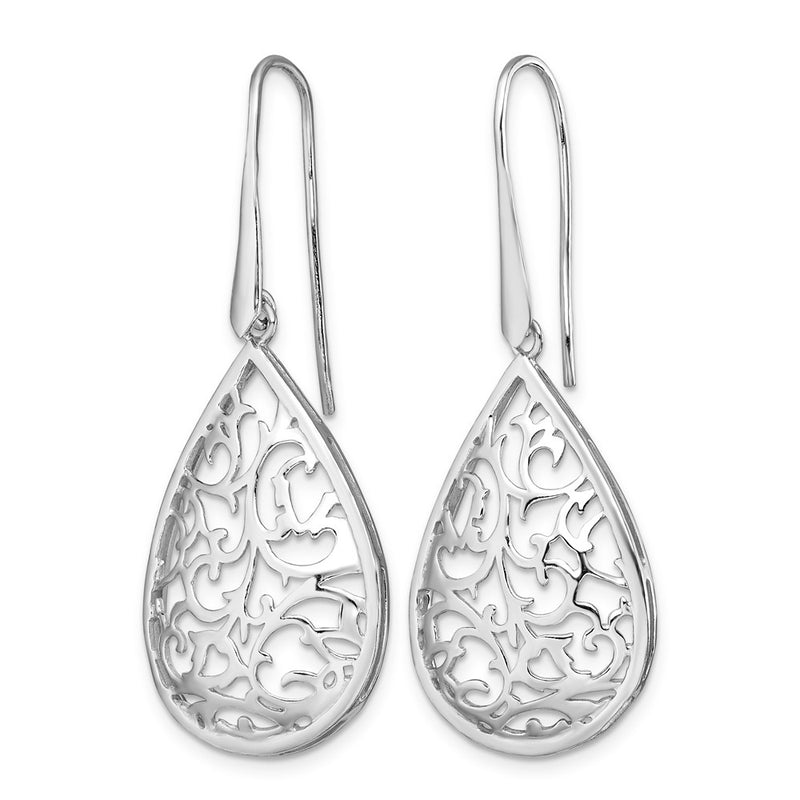 Sterling Silver Rhod-Pltd Polished Cut-Out Teardrop Dangle Earring