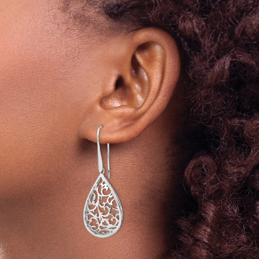 Sterling Silver Rhod-Pltd Polished Cut-Out Teardrop Dangle Earring