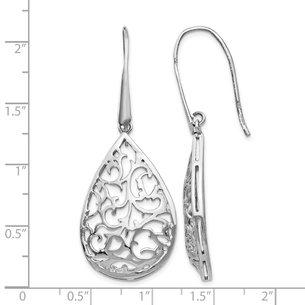 Sterling Silver Rhod-Pltd Polished Cut-Out Teardrop Dangle Earring