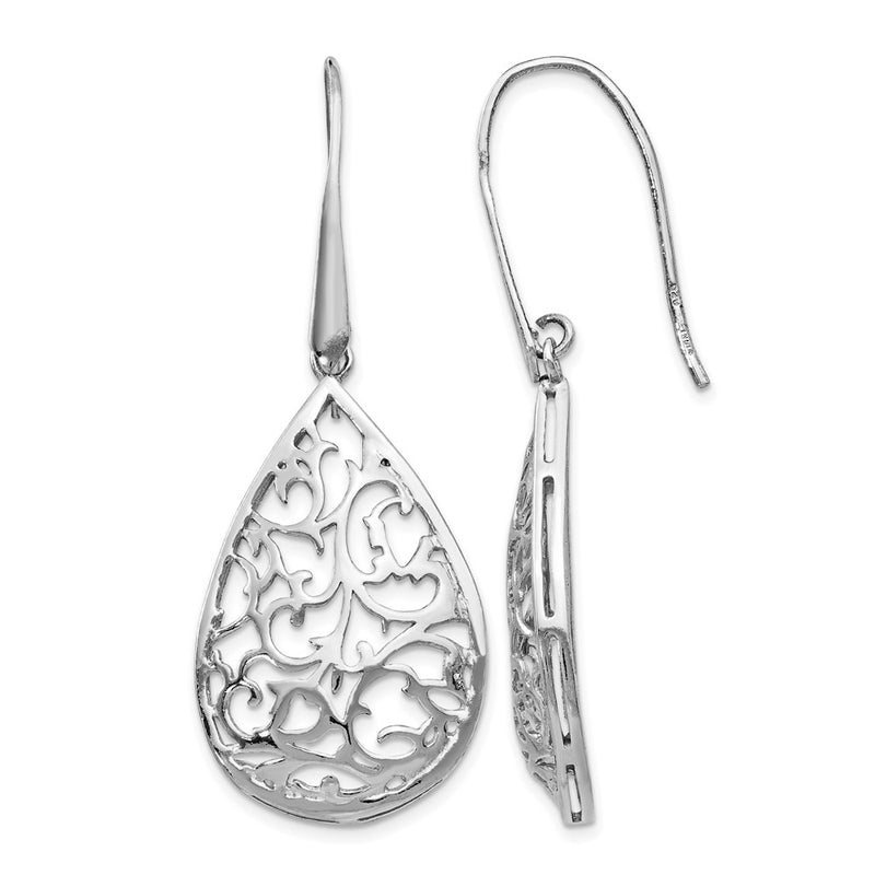 Sterling Silver Rhod-Pltd Polished Cut-Out Teardrop Dangle Earring