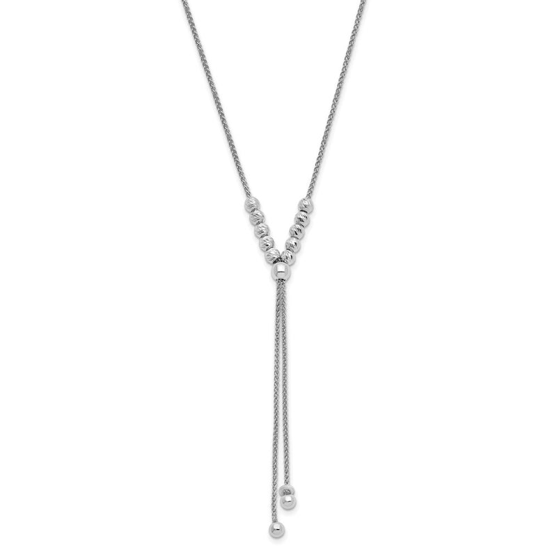 Sterling Silver Rh Plated Polish/Dia Cut Beads Adj. Necklace