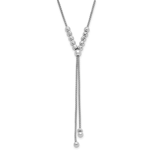 Sterling Silver Rh Plated Polish/Dia Cut Beads Adj. Necklace