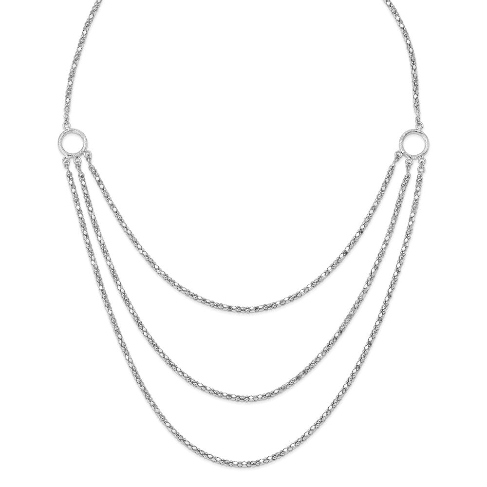 Sterling Silver Rhodium W/2 In Ext. 3 Layer Fancy Necklace