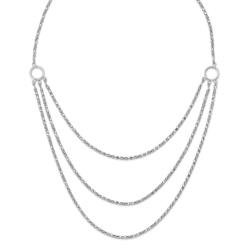 Sterling Silver Rhodium W/2 In Ext. 3 Layer Fancy Necklace