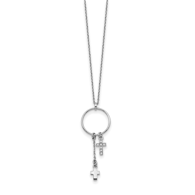 Sterling Silver Rhodium-Plated Cz Cross W/1.5 In Ext. Necklace