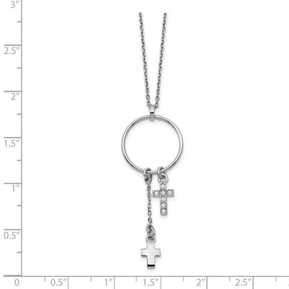 Sterling Silver Rhodium-Plated Cz Cross W/1.5 In Ext. Necklace