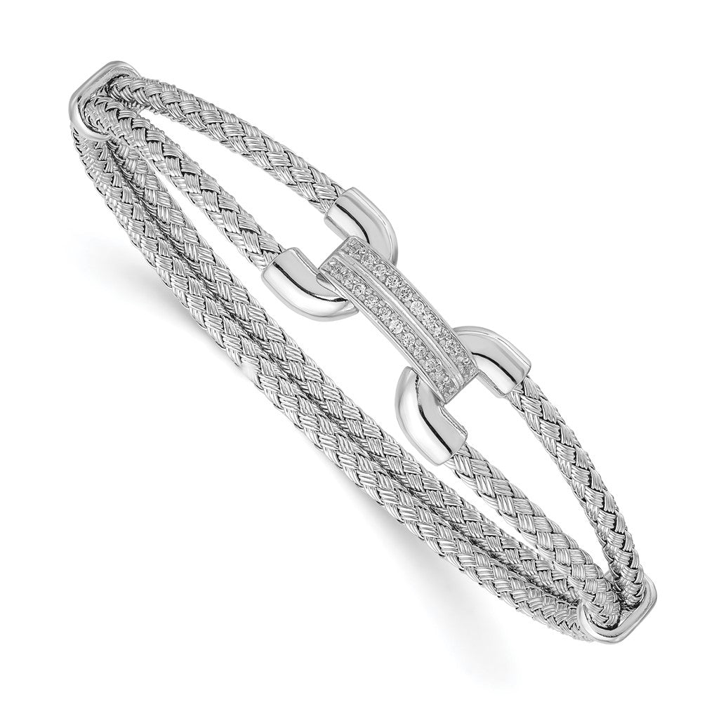 Sterling Silver Rhod Plat Polished Cz Woven Flexible Cuff