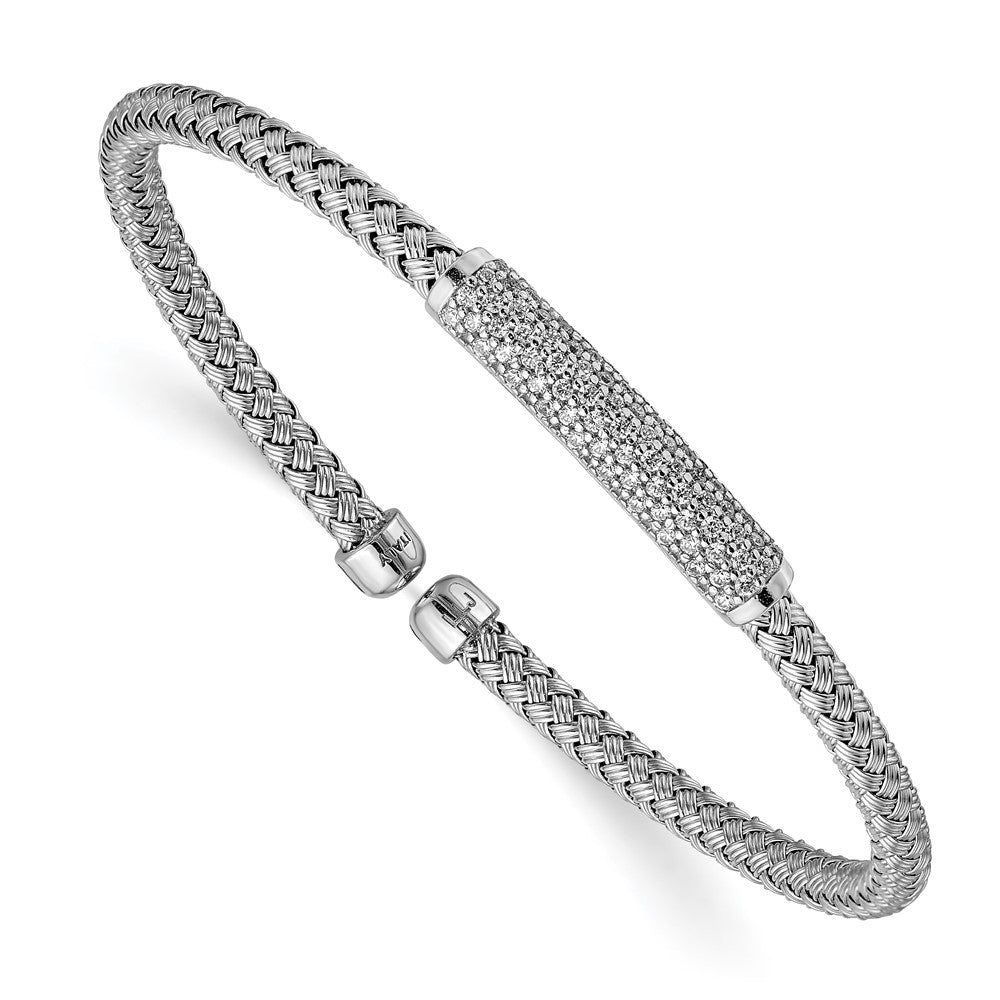Sterling Silver Rhod Plat Polished Cz Woven Flexible Cuff