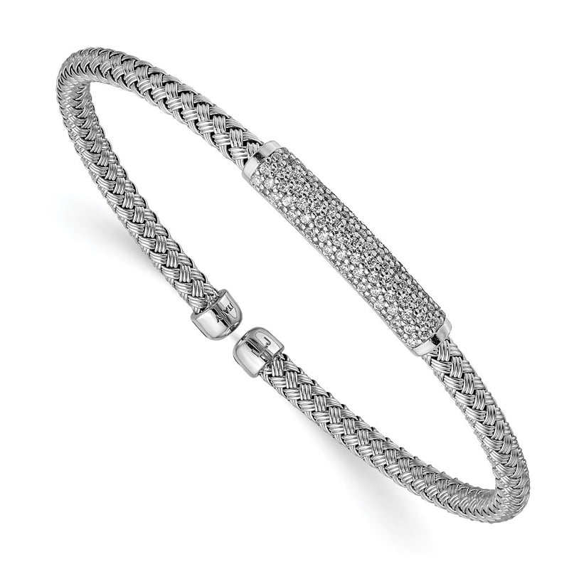 Sterling Silver Rhod Plat Polished Cz Woven Flexible Cuff
