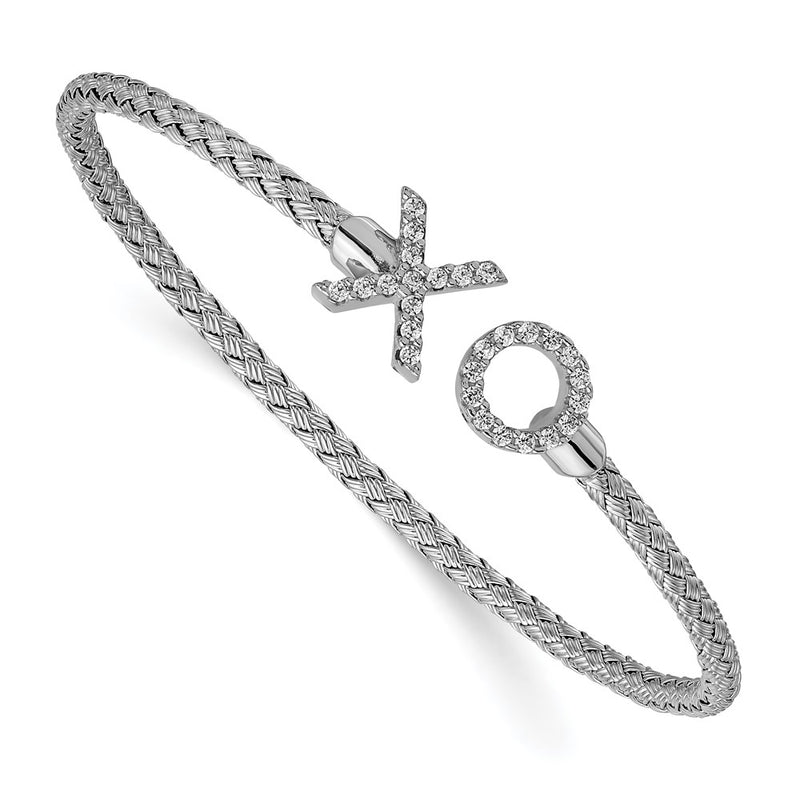 Sterling Silver Rhod Plat Polished Cz X & O Woven Flexible Cuff