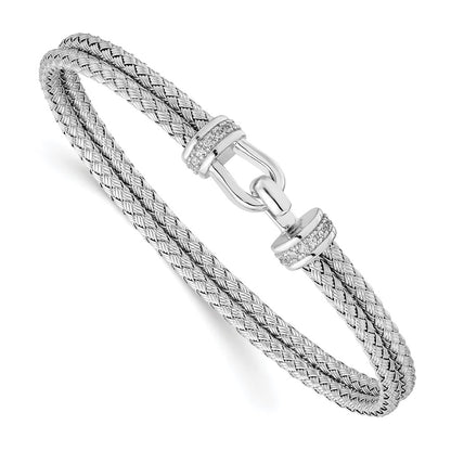 Sterling Silver Rhod Plat Polished Cz Double Woven Flexible Cuff
