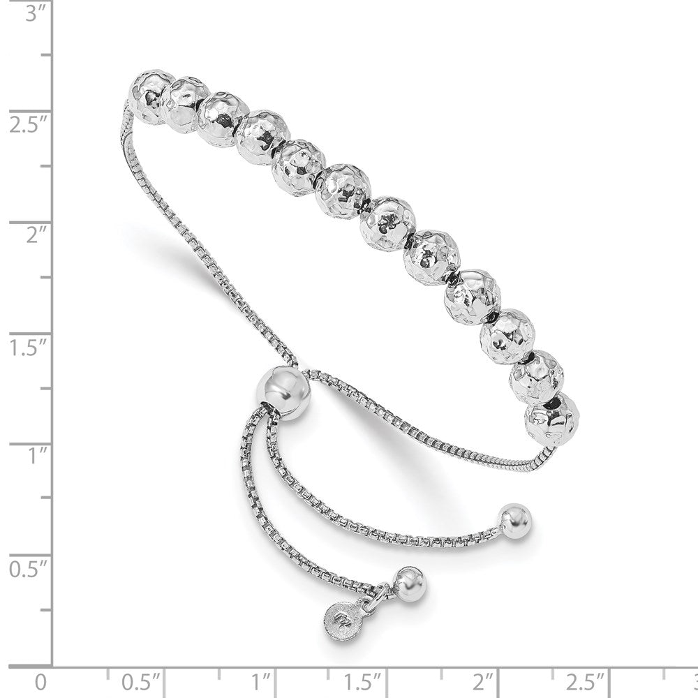 Sterling Silver Rh Plated Hammered Beaded Adj. Bracelet