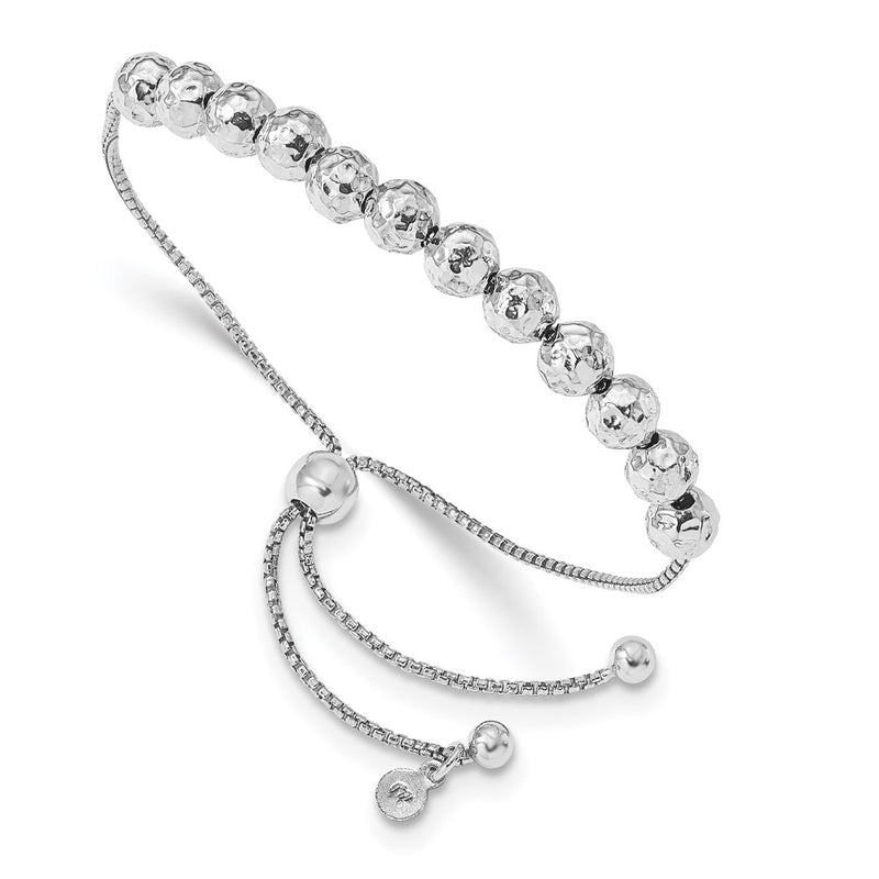 Sterling Silver Rh Plated Hammered Beaded Adj. Bracelet