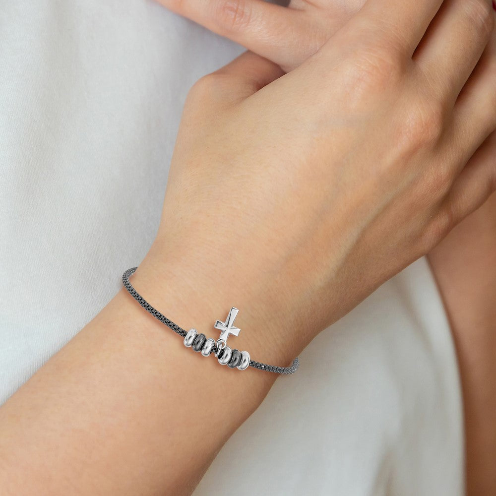 Sterling Silver Rhod And Ruth Plated Cross W/ 1In Ext Bracelet