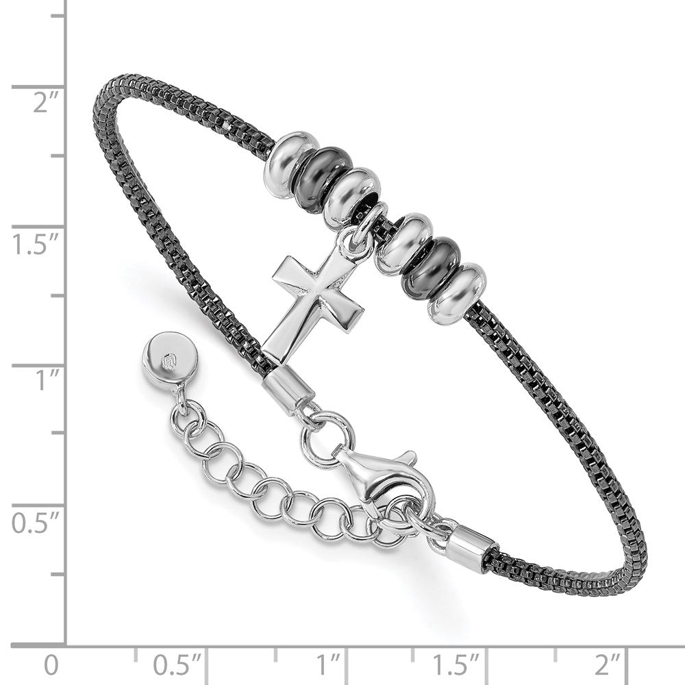 Sterling Silver Rhod And Ruth Plated Cross W/ 1In Ext Bracelet
