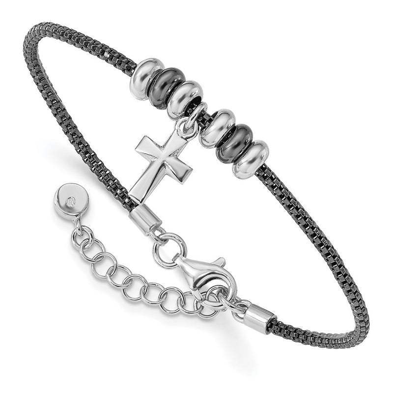 Sterling Silver Rhod And Ruth Plated Cross W/ 1In Ext Bracelet