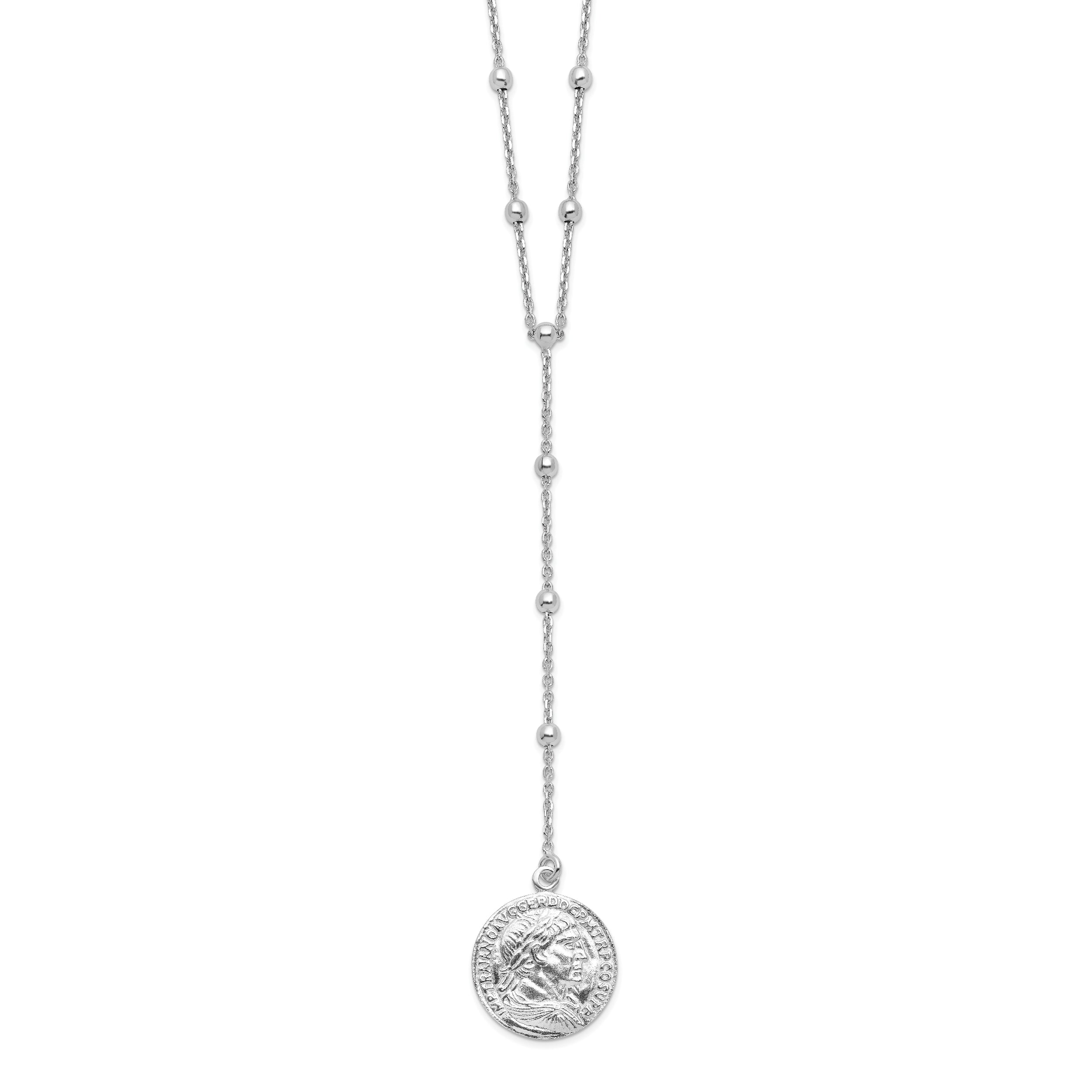 Sterling Silver Rhod Plated Roman Coin Y Drop In Ext. Necklace
