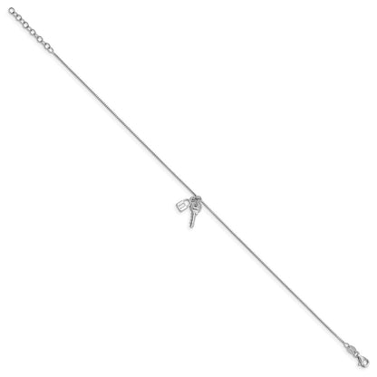 Sterling Silver Rhod-Pl Polished Lock and Key W/ 1in Ext. Anklet