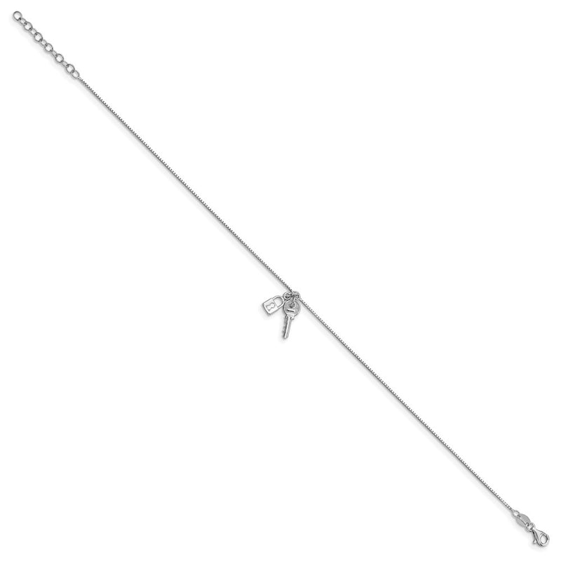 Sterling Silver Rhod-Pl Polished Lock and Key W/ 1in Ext. Anklet