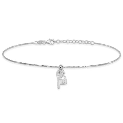 Sterling Silver Rhod-Pl Polished Lock and Key W/ 1in Ext. Anklet