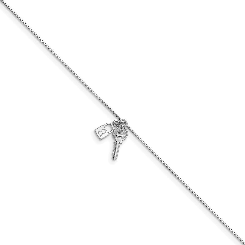 Sterling Silver Rhod-Pl Polished Lock and Key W/ 1in Ext. Anklet