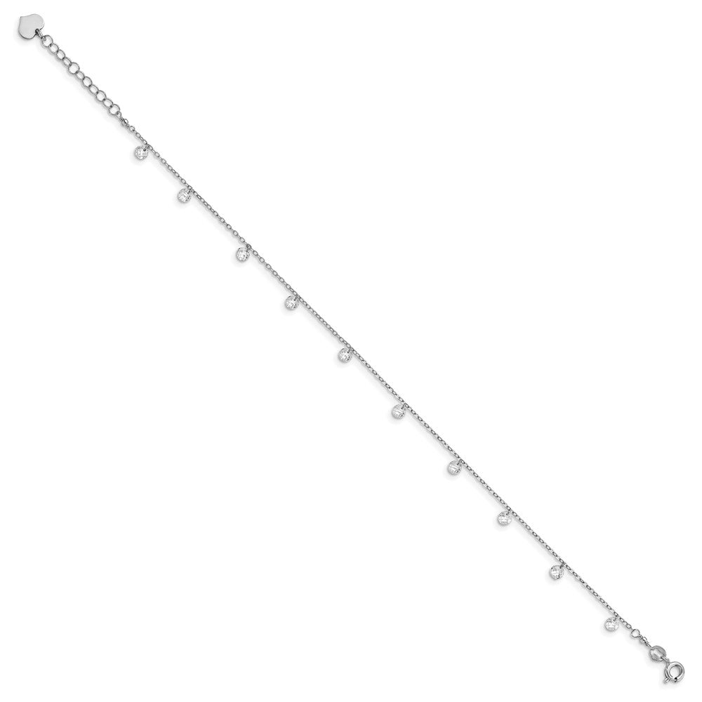 Sterling Silver Rhodium Plated w/1.25 in Ext. Crystal Anklet