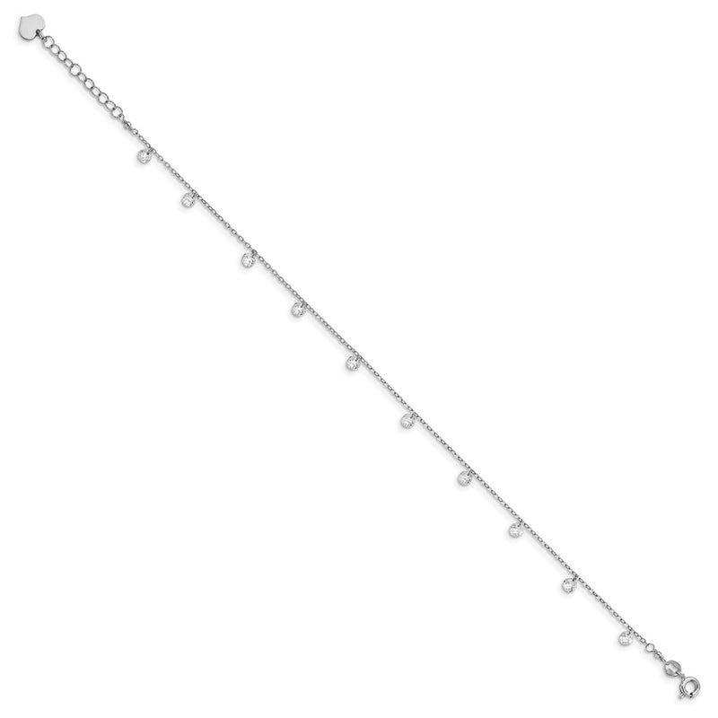 Sterling Silver Rhodium Plated w/1.25 in Ext. Crystal Anklet