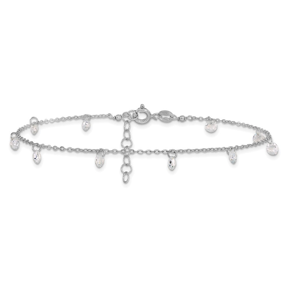 Sterling Silver Rhodium Plated w/1.25 in Ext. Crystal Anklet