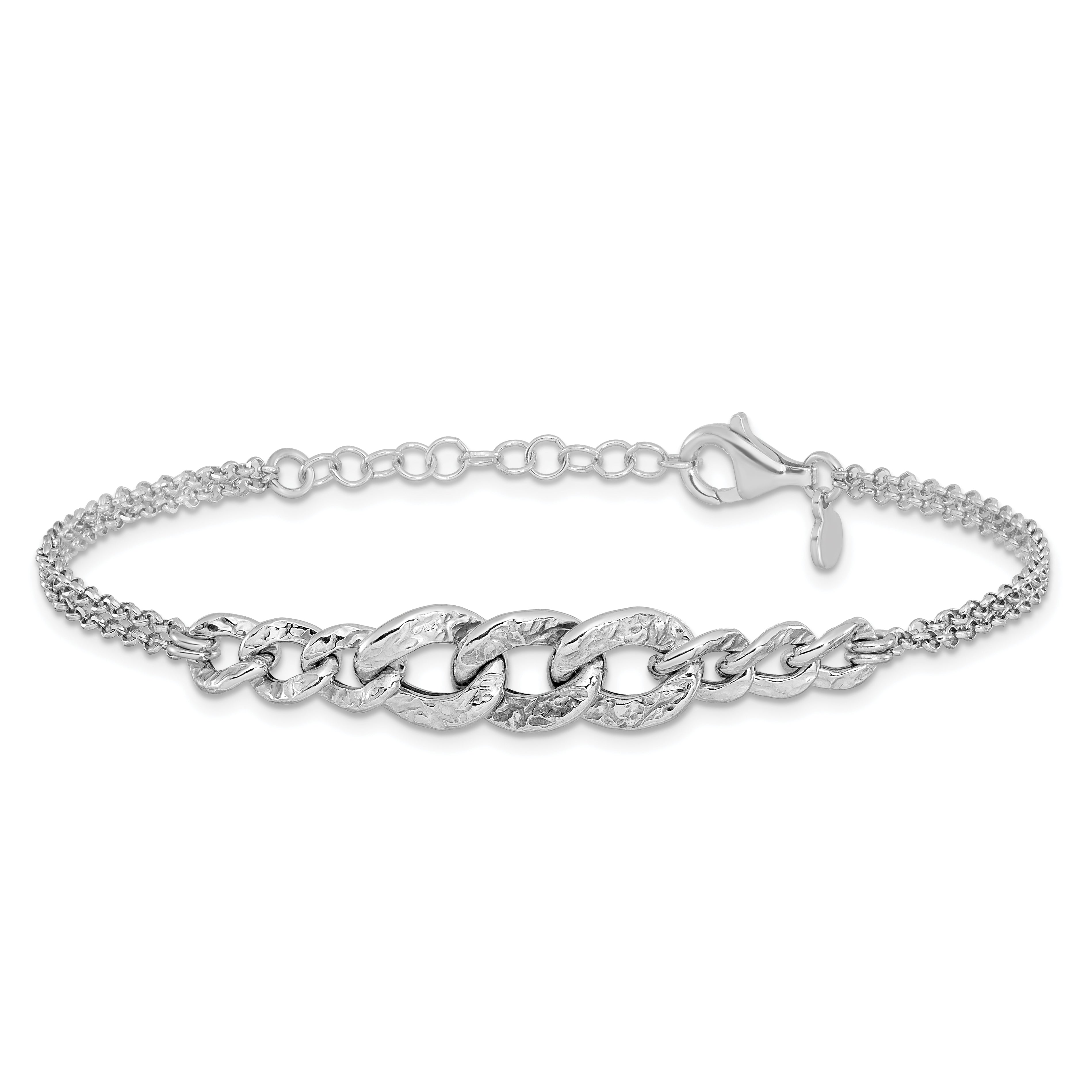 Sterling Silver Rhod Pl Textured Link 2 Strand W/ 1In Ext Bracelet