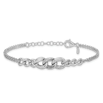 Sterling Silver Rhod Pl Textured Link 2 Strand W/ 1In Ext Bracelet