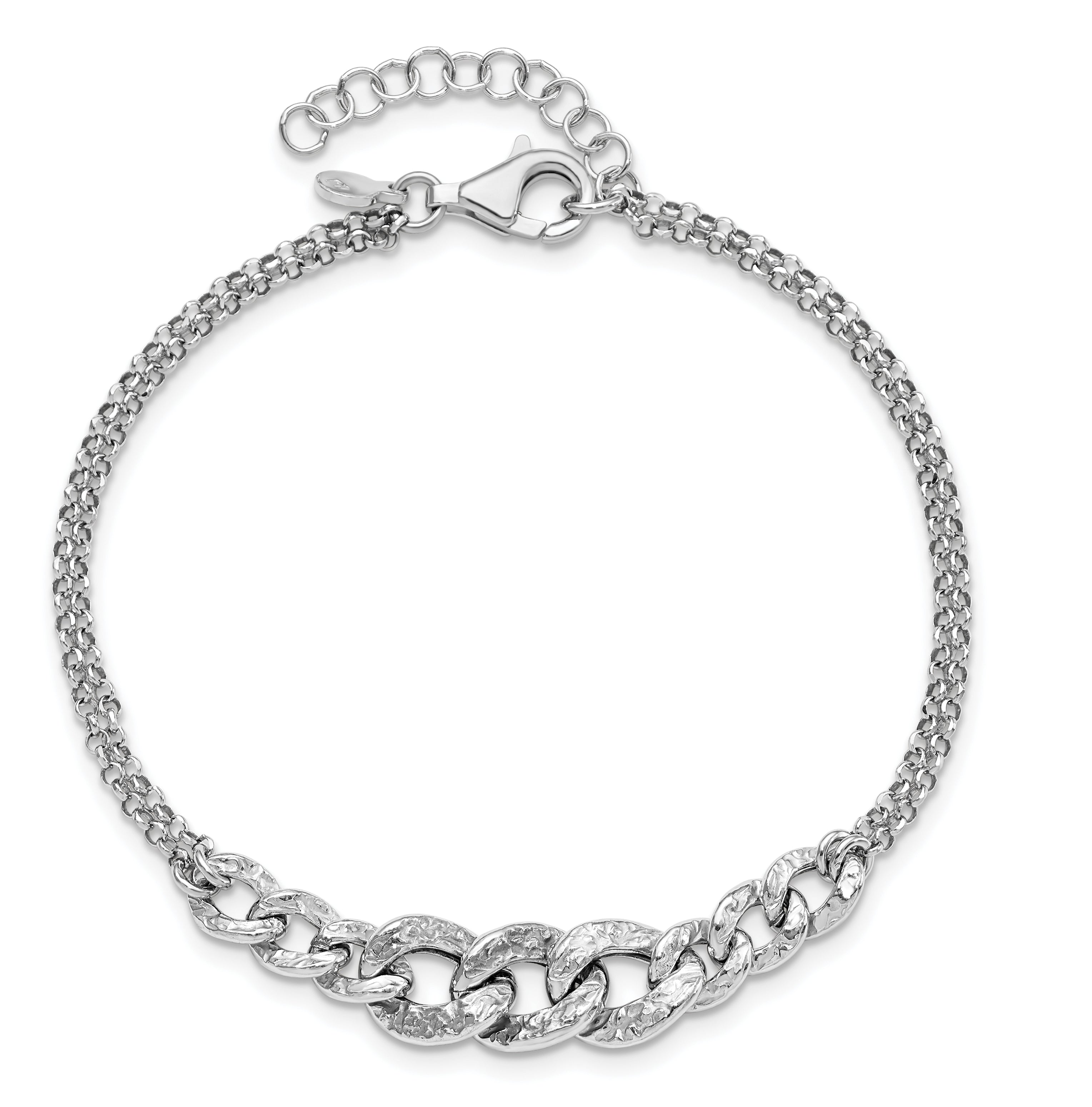 Sterling Silver Rhod Pl Textured Link 2 Strand W/ 1In Ext Bracelet