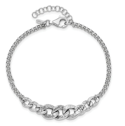 Sterling Silver Rhod Pl Textured Link 2 Strand W/ 1In Ext Bracelet