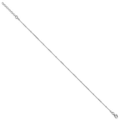 Sterling Silver Rhodium-Plated Polished Beaded W/ Ext. Chain Anklet