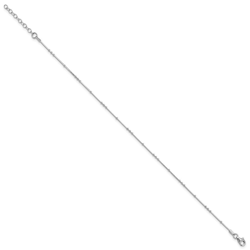 Sterling Silver Rhodium-Plated Polished Beaded W/ Ext. Chain Anklet