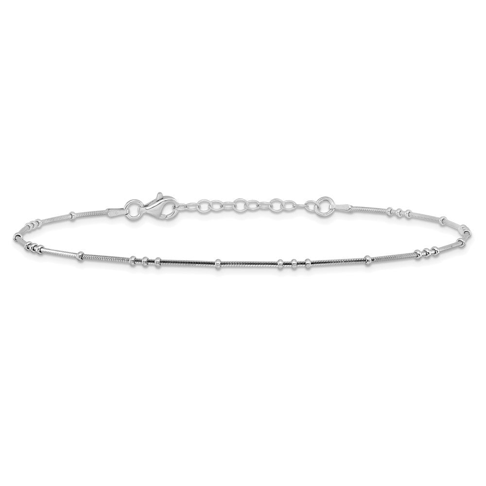 Sterling Silver Rhodium-Plated Polished Beaded W/ Ext. Chain Anklet