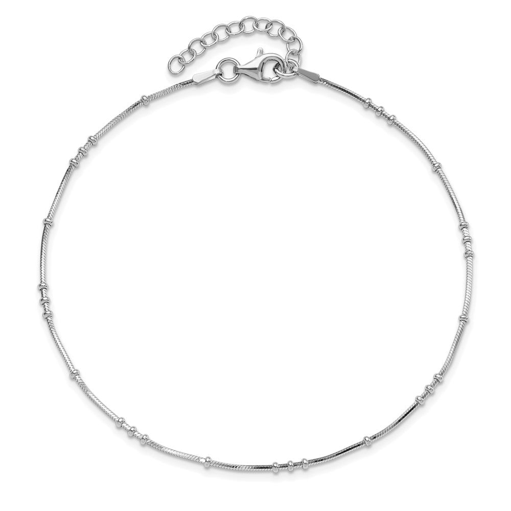Sterling Silver Rhodium-Plated Polished Beaded W/ Ext. Chain Anklet