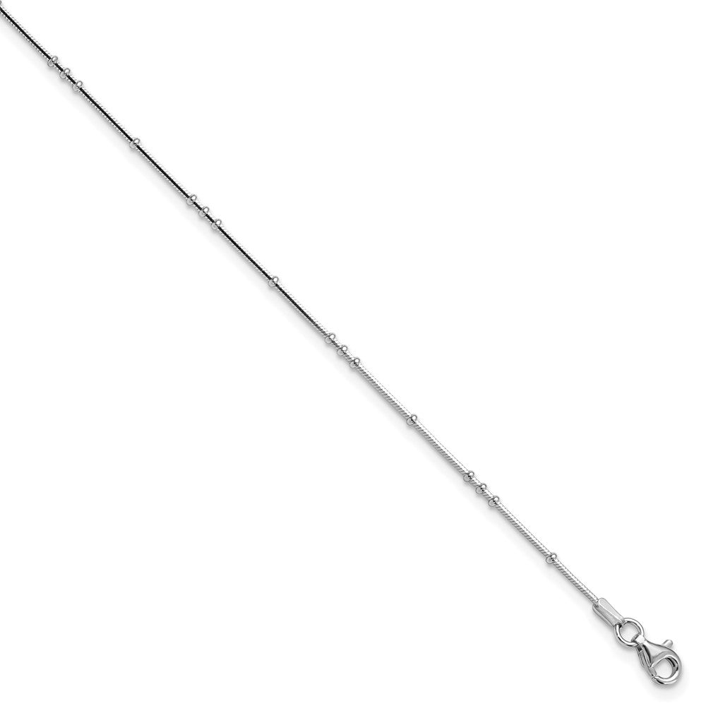Sterling Silver Rhodium-Plated Polished Beaded W/ Ext. Chain Anklet