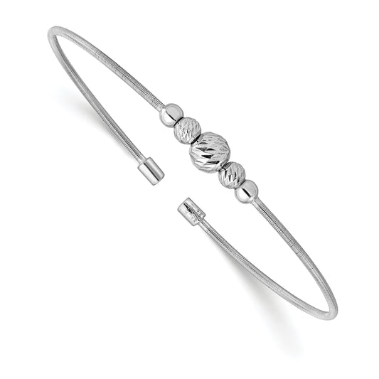 Sterling Silver Rhodium Plated D/C Beaded Cuff Bangle