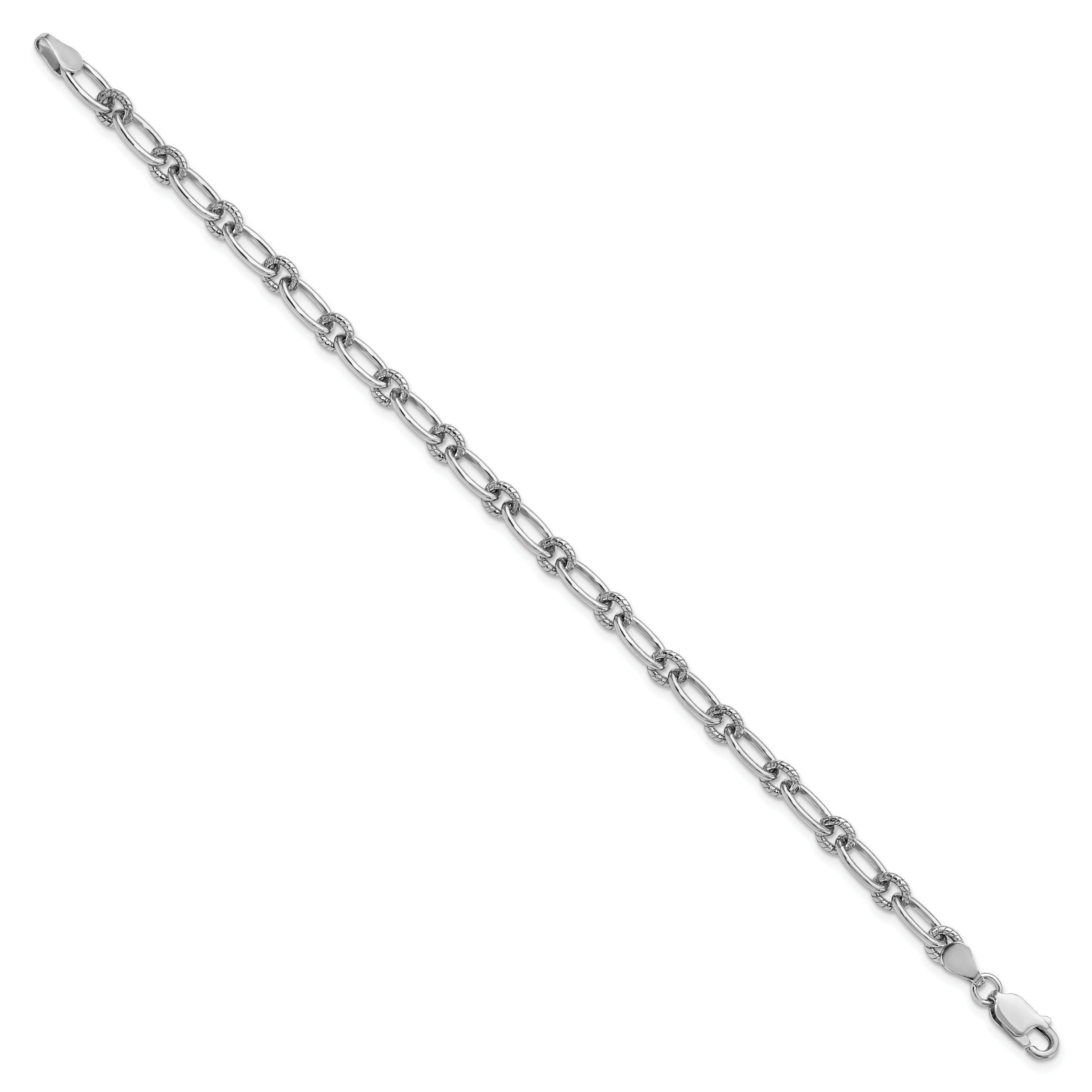 Sterling Silver Rhod Plated Textured Fancy Link Bracelet