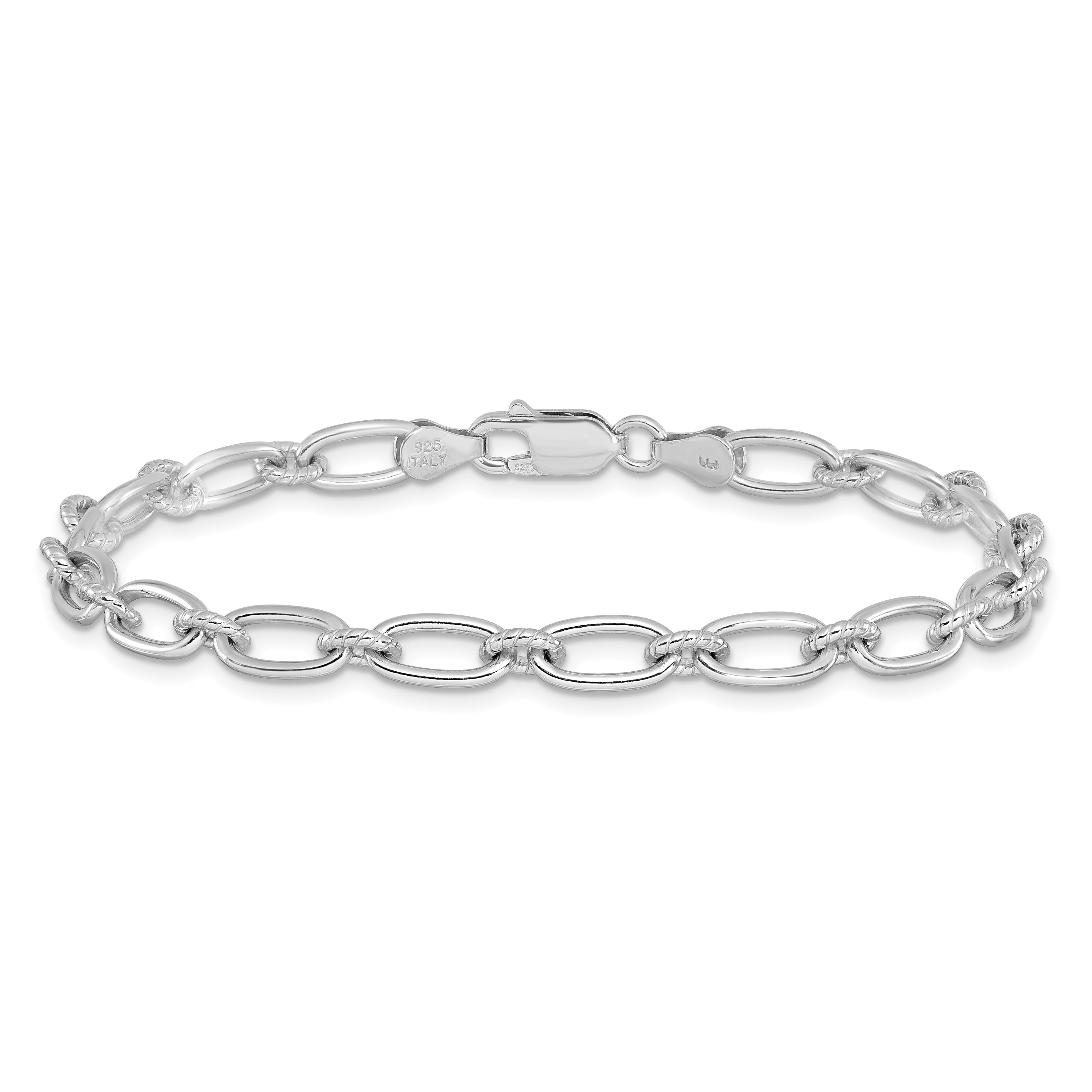 Sterling Silver Rhod Plated Textured Fancy Link Bracelet