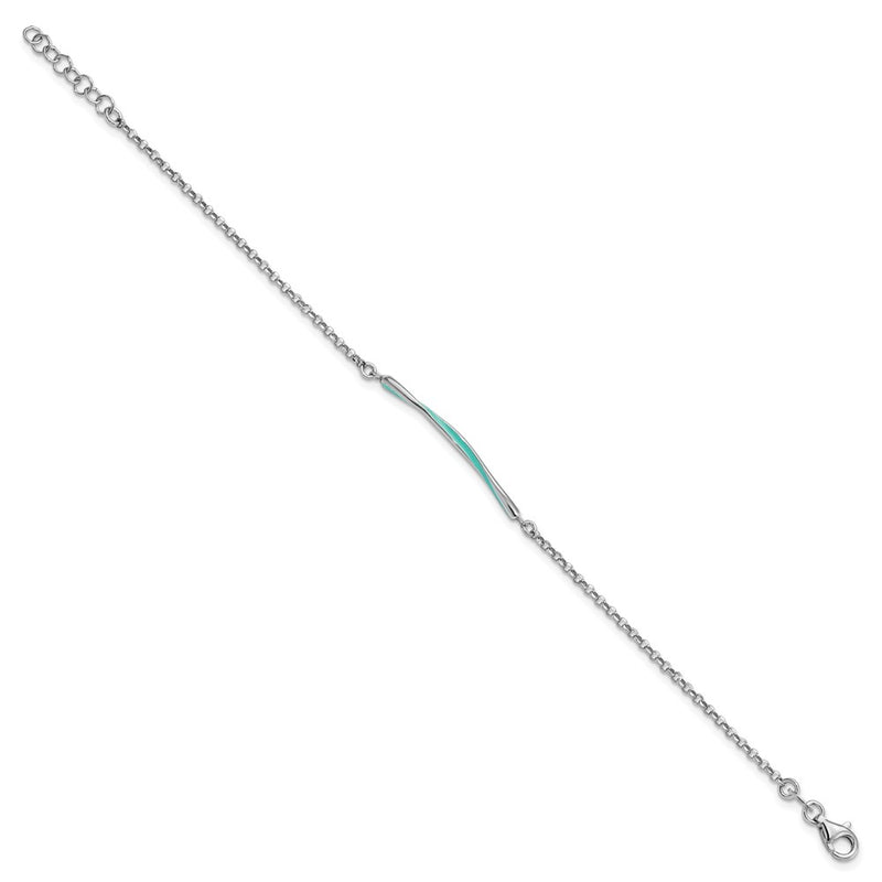 Sterling Silver Rhodium Pl Aqua Enamel W/ .75In Ext. Bracelet