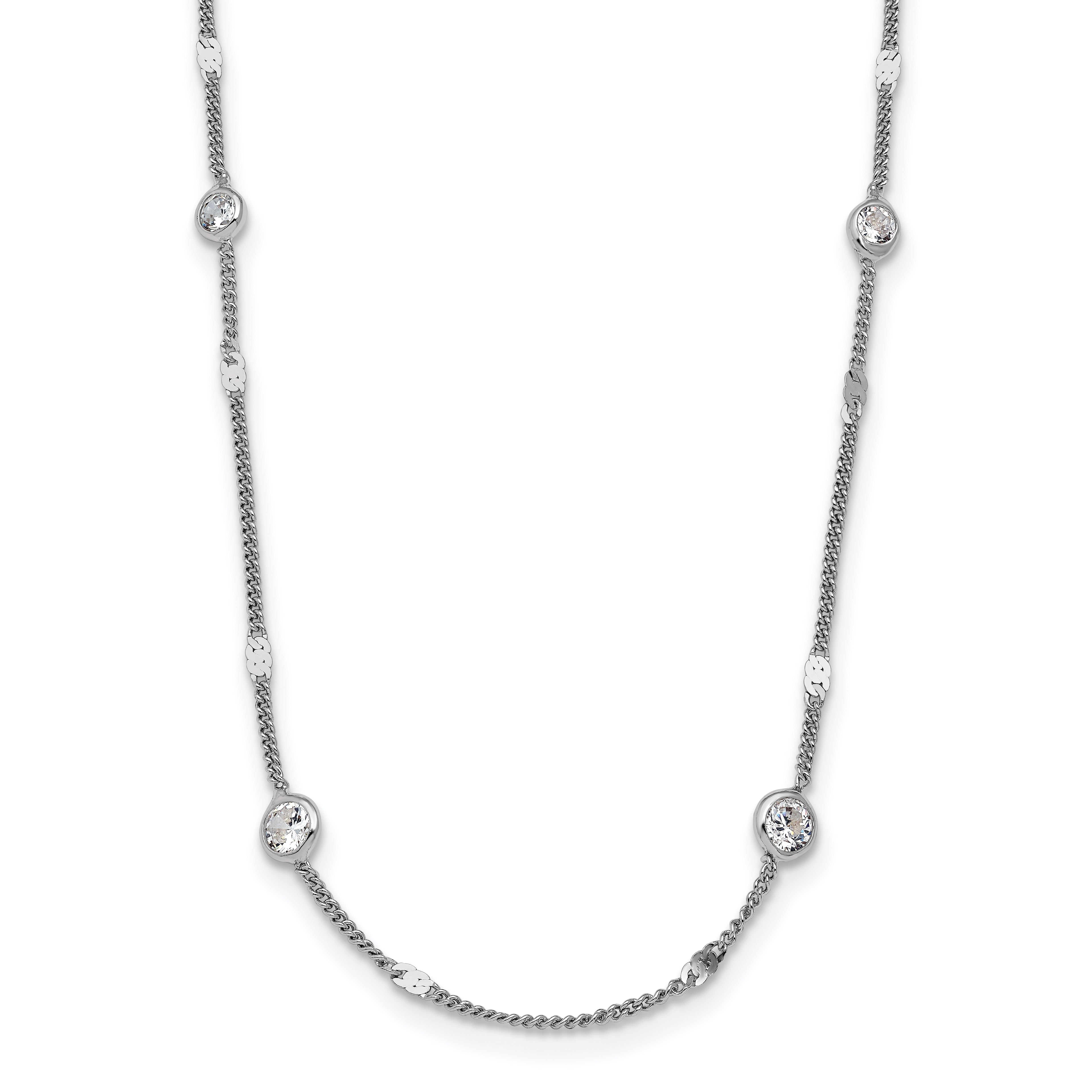 Sterling Silver Rhodium Plated Cz W/ 2In Ext. Necklace