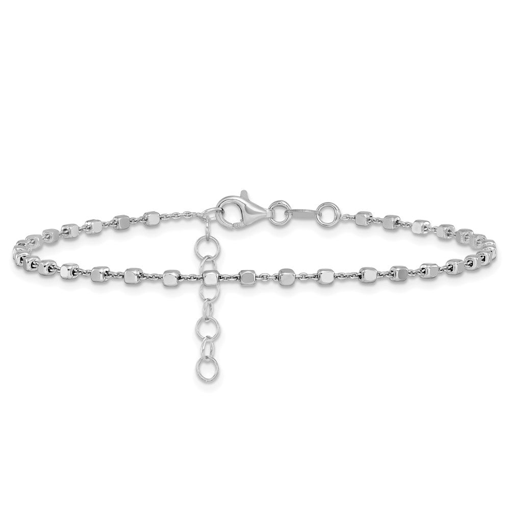 Sterling Silver Rhodium Plated Polished Cube Link with 1in. Ext. Anklet