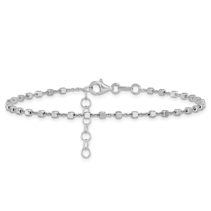 Sterling Silver Rhodium Plated Polished Cube Link with 1in. Ext. Anklet