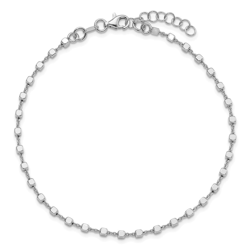 Sterling Silver Rhodium Plated Polished Cube Link with 1in. Ext. Anklet
