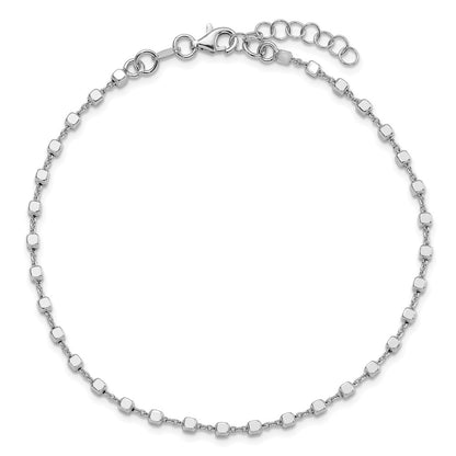 Sterling Silver Rhodium Plated Polished Cube Link with 1in. Ext. Anklet